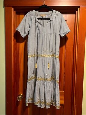 Striped Blue Midi Dress with Gold Embroidery